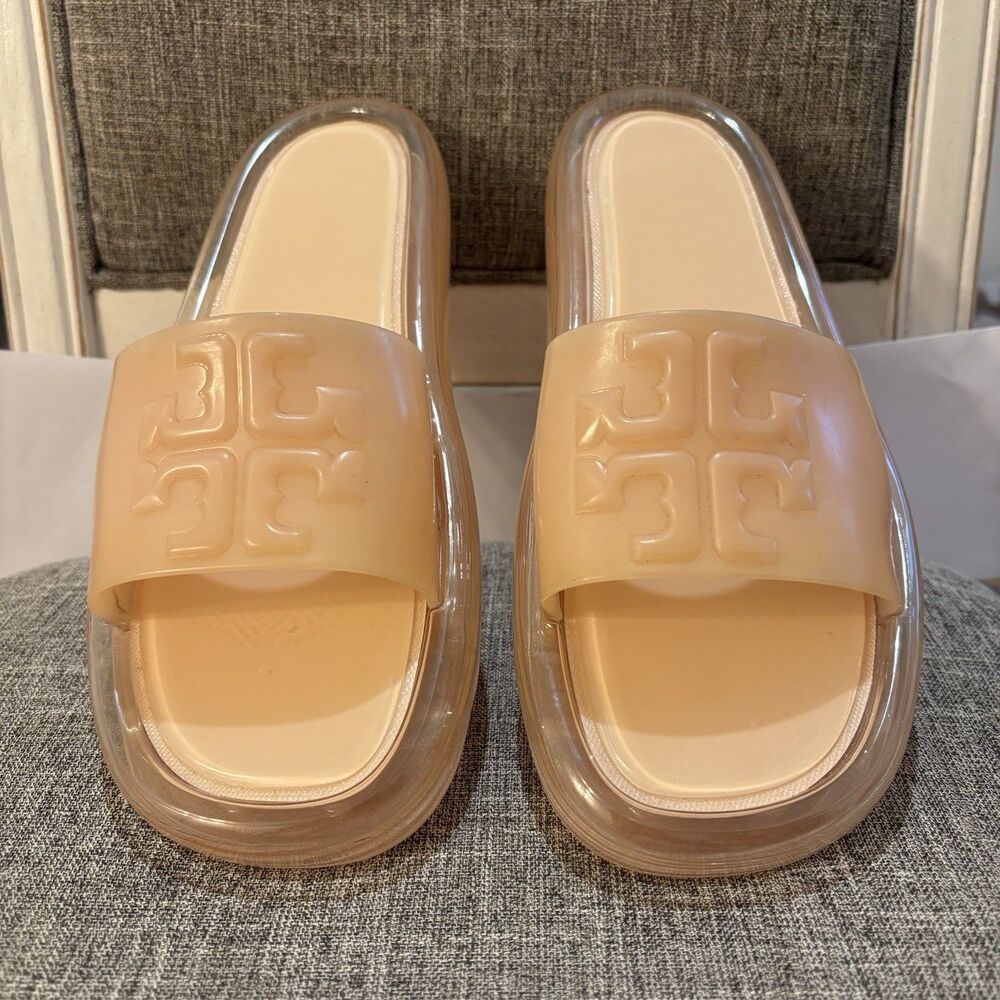 Tory Burch Women’s Slide Sandals PVC Beige/Clear Logo Slip-On 9B